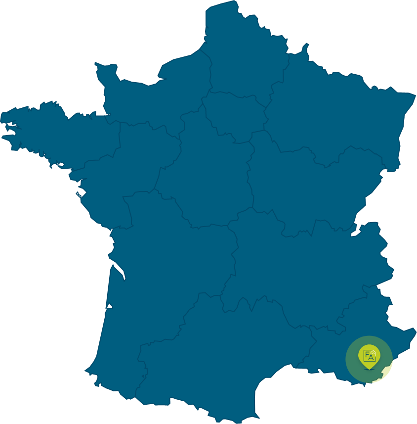 Carte de France avec icone map des différentes entreprises de Astec Méditérannée dans le sud