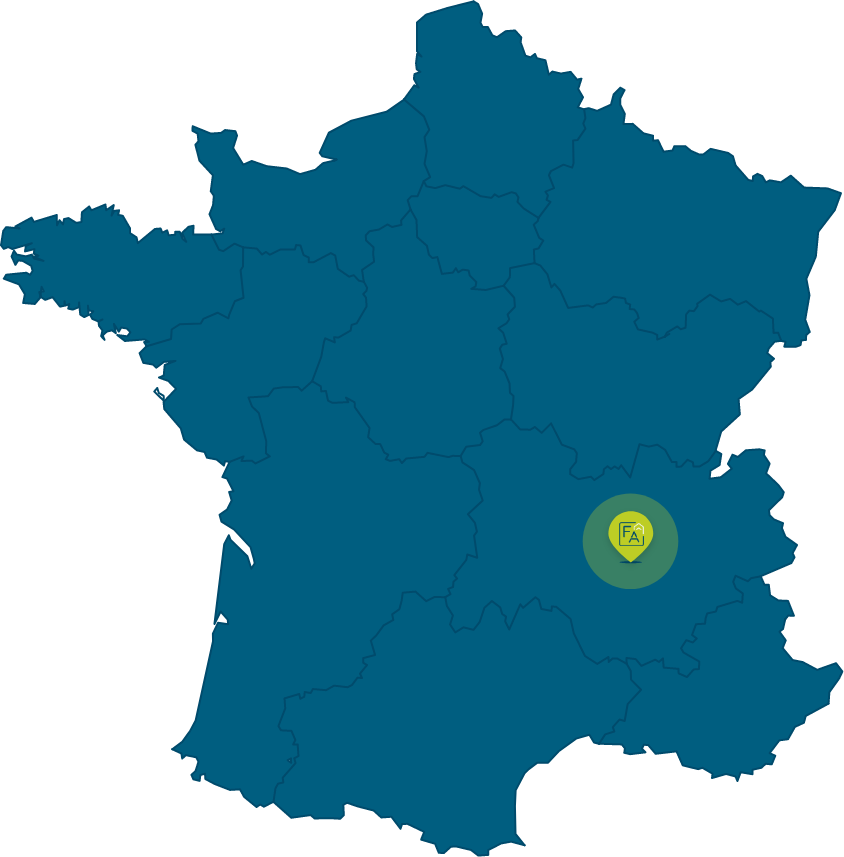 Carte de France avec icone map des différentes entreprises de Auvergne Ascenseur dans la région lyonnaise