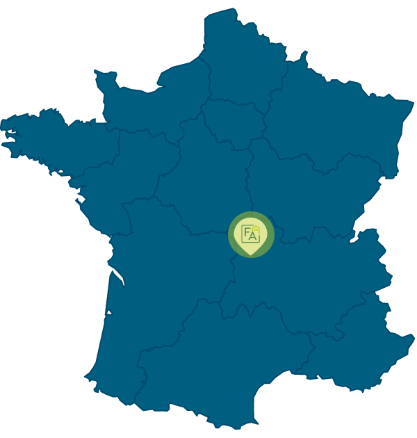 Carte de France avec icone map des différentes entreprises de Auvergne Ascenseur dans la région lyonnaise