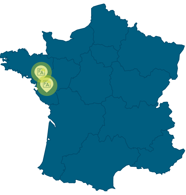 Carte de France avec icone map des différentes entreprises de Sachot dans l'ouest