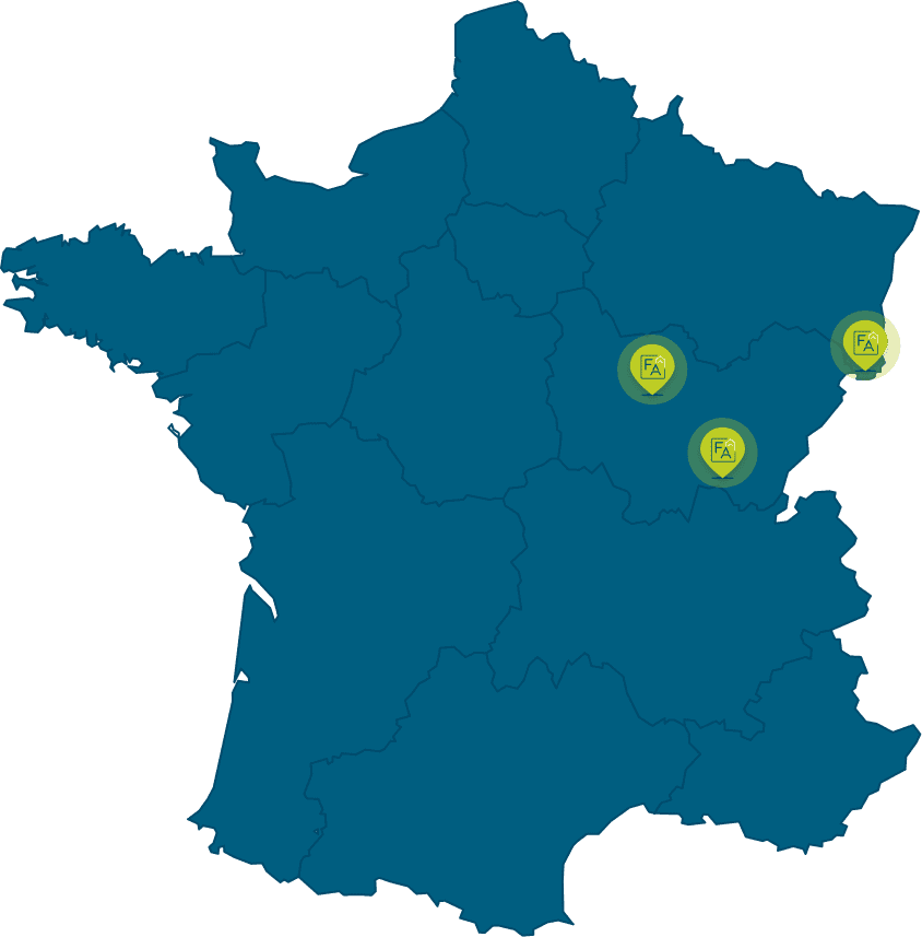 Carte de France avec icone map des différentes entreprises de AF2R Elevadom dans l'est