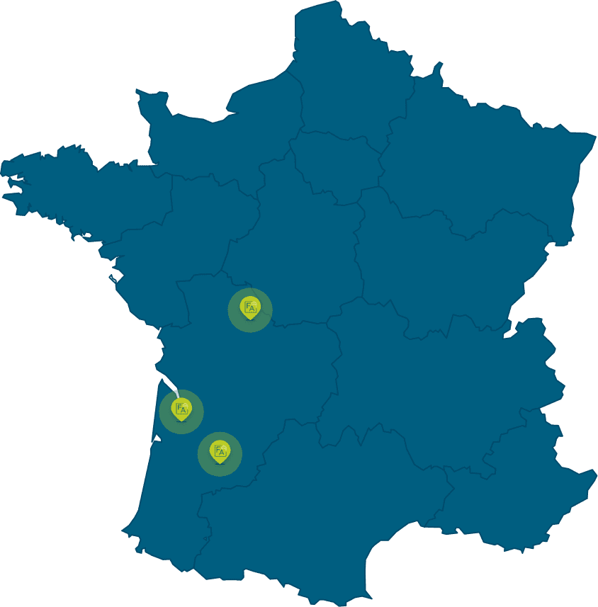 Carte de France avec icone map des différentes entreprises de 3 MC dans le sud-ouest