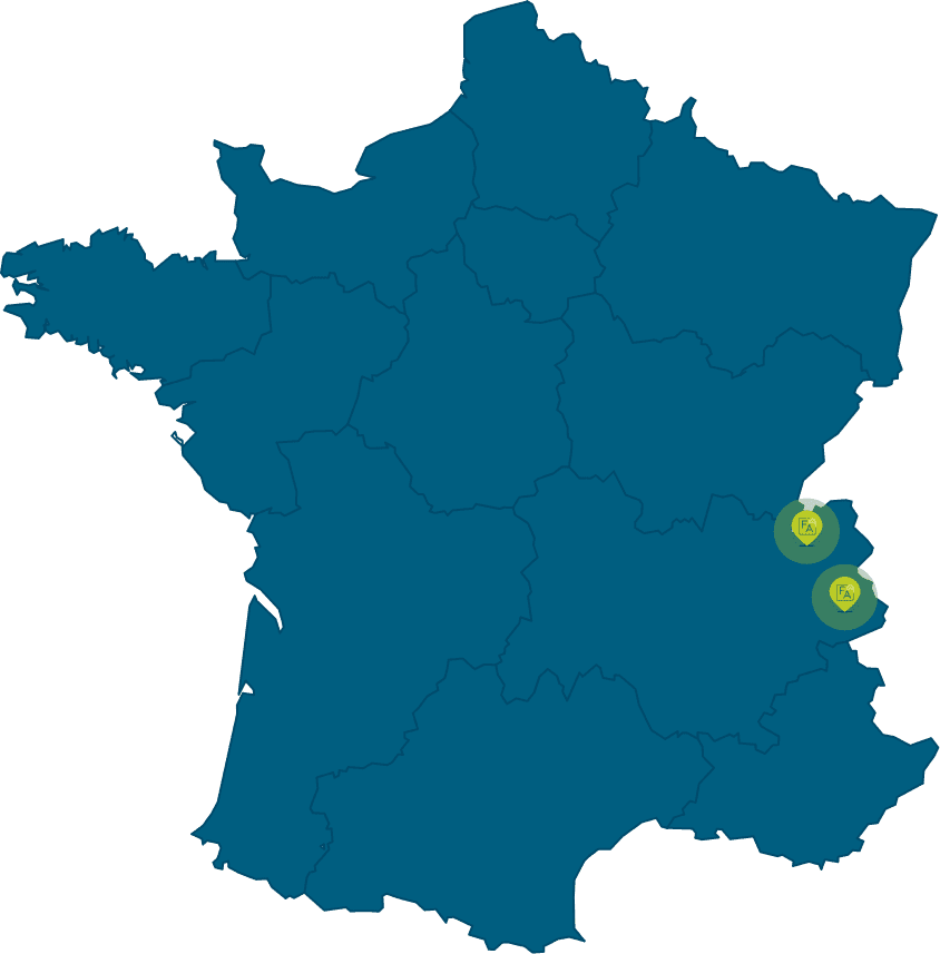 Carte de France avec icone map des différentes entreprises de Altica dans l'est de la france
