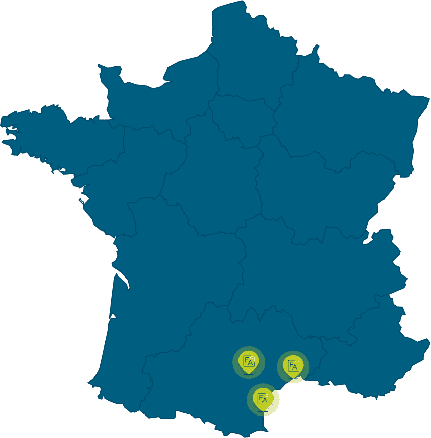 Carte de France avec icone map des différentes entreprises de Midilev dans le sud